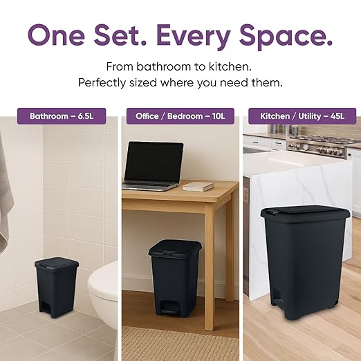 Superio 6.5L 10L and 48L Slim Step &amp Push Trash Cans - 3 Pack Dual Opening Smooth Matte Finish Durable Plastic - Black