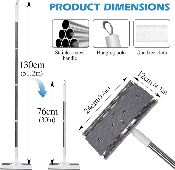 Mini Sweeper MopMasthome Reusable Clamp Mop with 50  Stainless Steel Handle1 Second InstallationCompatible with Swiffer PadsFlat Dust Mops for House Wall Windows Corners - 1 Sweeping Cloth