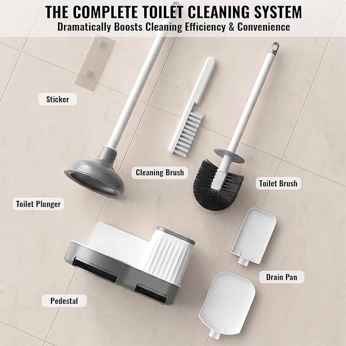 3-in-1 Toilet Brush and Plunger Set with Hidden Holder Vented Stand &amp Drip Tray Hangable or Freestanding 360° Deep-Clean Brush Head + Gap Brush Shatter-Resistant Handles（White）