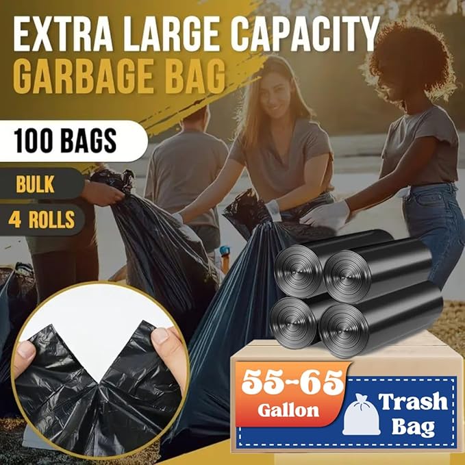 50 55 60 Gallon Trash Bags 100 Count High Density Garbage Bags Recycling Trash Can Liners Sturdy &amp Tear-Resistant Large Black Bag for Kitchen Yard Outdoor Commercial Use Lawn Leaf Waste Bags