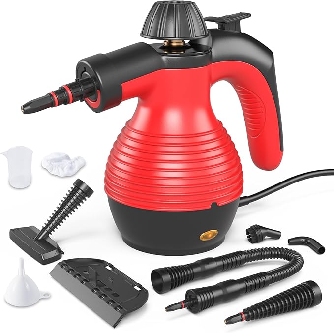 COSTWAY Handheld Steam Cleaner 1050W Portable Household Steamer with 9 Accessories 12 oz Water Tank Multipurpose Pressurized Steam Cleaning Machine for Floor Window Grease Grime (Red)