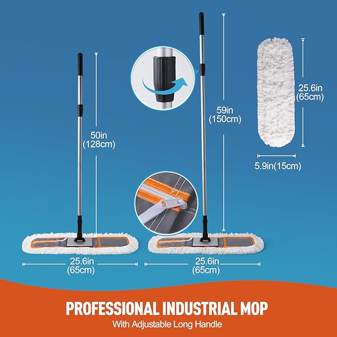 24 Commercial Dust Mop for Floor Cleaning Heavy Duty Sweeper Broom with 2 Microfiber Mop Pads Wet and Dry Duster Sweeper Broom for Marble Laminate Hardwood Floor Cleaning Grey