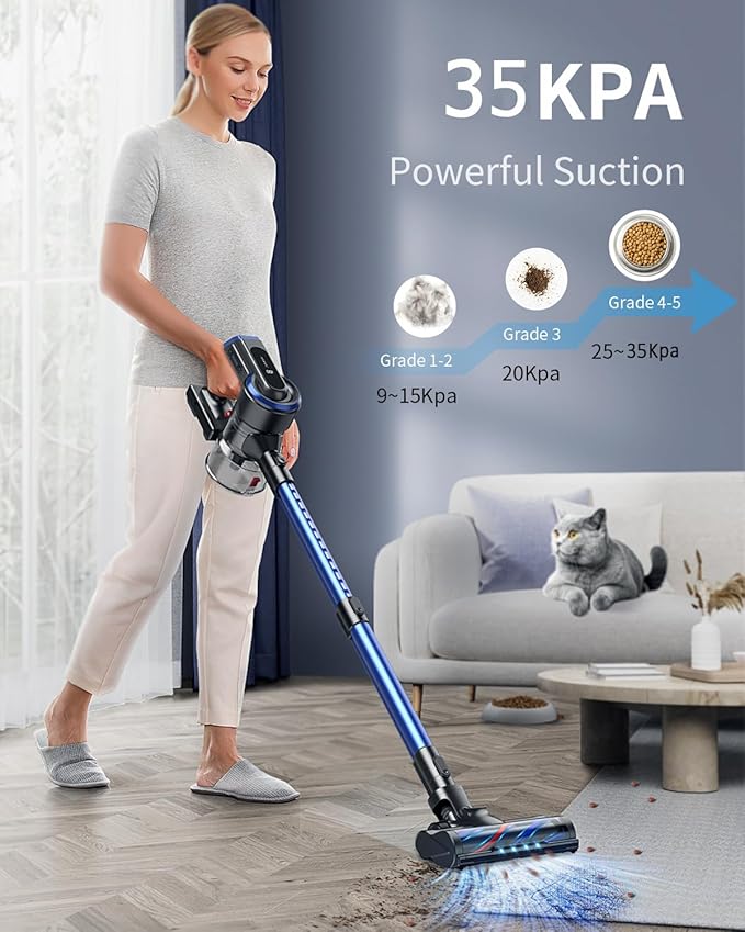 HONITURE Cordless Vacuum Cleaner 450W/35KPa Powerful Stick Vacuum Cleaner w/ LCD Touch Screen 55Min Runtime 6 in 1 Lightweight Handheld Cordless Vacuum for Carpet Pet Hair and Floors S12 (Renewed)