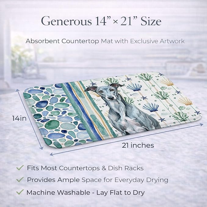 Caroline's Treasures Blue Brindle Greyhound Coastal Sea Glass Dish Drying Mat Absorbent Dish Drying Mat Pad for Kitchen Counter Dish Drainer Mat for Countertop 14 x 21 Multicolor