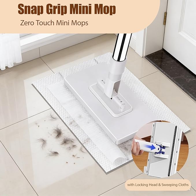 Zero Touch Mini Mop-Snap Grip Mini Mop360°Rotating Head Retractable Gap Dust Cleaner Flat Mops with Locking Head for Kitchen Bathroom Floor Wall (White 10 Cloths)