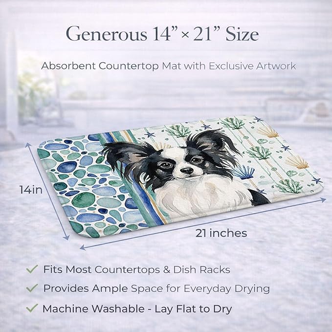 Caroline's Treasures Black and White Papillon Coastal Sea Glass Dish Drying Mat Absorbent Dish Drying Mat Pad for Kitchen Counter Dish Drainer Mat for Countertop 14 x 21 Multicolor