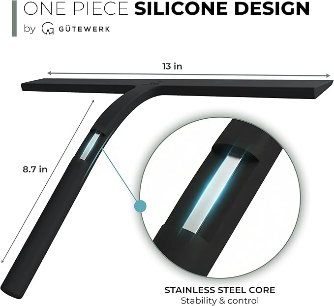 GÜTEWERK Shower Squeegee for Glass Doors Silicone Window Squeegee Bathroom and Glass Cleaning - Black - 13 Inch