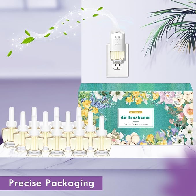 Plug In Air Freshener Starter Kit 12 Refills + 1 Warmer Lavender Vanilla &amp Fresh Linen Scents for Home Bathroom &amp Office Compatible with Air Wick &amp Glade Not Include Glade Plus