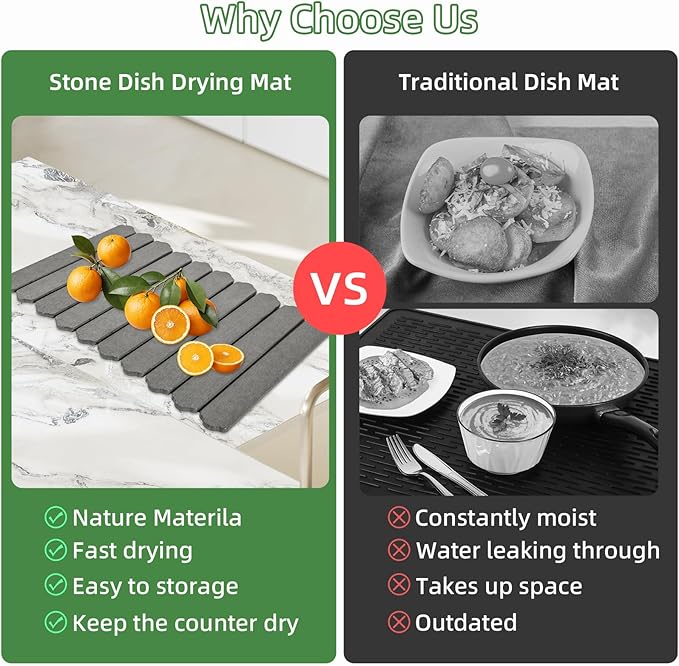 Large Stone Dish Drying Mat for Kitchen Counter24(L)×16(W) Quick Dry Collapsible Dish Drying MatEco-Friendly Diatomaceous Earth Mats for Dishes Bottles CupsMatch Any Countertop Dark Gray