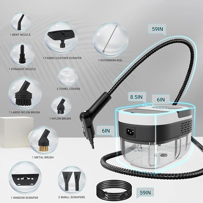 Steam Cleaner - 3-Level Adjustable Handle 15s Heat-Up - Steamer for Cleaning with 10pcs Accessories - Portable Steam Cleaner for Home for Car Dirt Grease Grout Tile Floor Couch Furniture-White