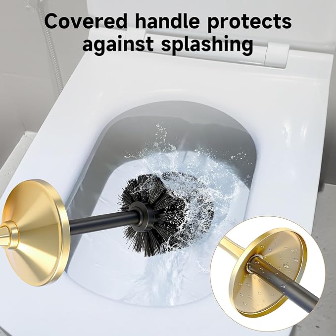 Brushed Gold Toilet Brush and HolderExtra Long Handled Toilet Brush for BathroomStainless Steel Heavy Duty Toilet Bowl BrushDeep Cleaning Modern Toilet Cleaner Brush -Space Saving Covered Brush