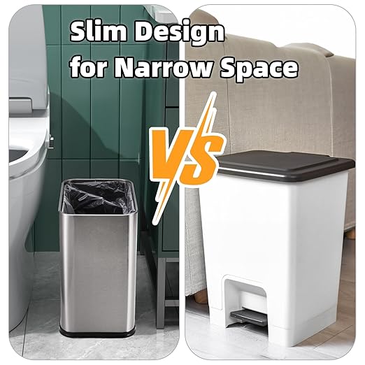 Coloch Small Metal Trash Can 2.6 Gallon(10L) Slim Size Wastebasket for Narrow Spaces Stainless Steel Garbage Bin Silver Invisi-Overlap Open Top Rubbish Bin for Bedroom Bedroom Toilet Undersink