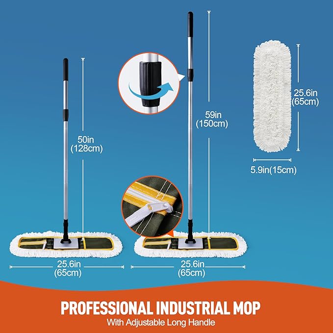 24 Commercial Dust Mop for Floor Cleaning Heavy Duty Floor Mop with 59” Extendable Long Handle Hotel Gym Garage Hospital Household Cleaning Supplies for Hardwood Tiles Marble Floors