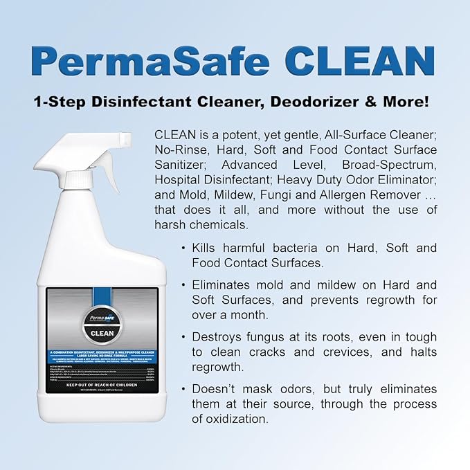 PermaSafe CLEAN Cleans Disinfects Deodorizes in One ‘Spray &amp Walk Away’ Step Sanitizes Hard Soft &amp Food Surfaces + PermaSafe SHIELD 90 Day Antimicrobial Surface Protector. 32 Fl Oz Spray