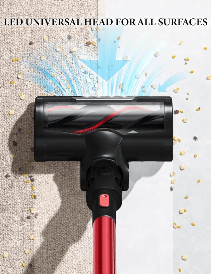 V8 Cordless Vacuum Cleaner Powerful Suction Stick Vacuum 55Mins Runtime Wireless Lightweight Handheld Vacuum Cleaner for Home Hardwood Floor Carpet Car Pet Hair Cleaning (Red)