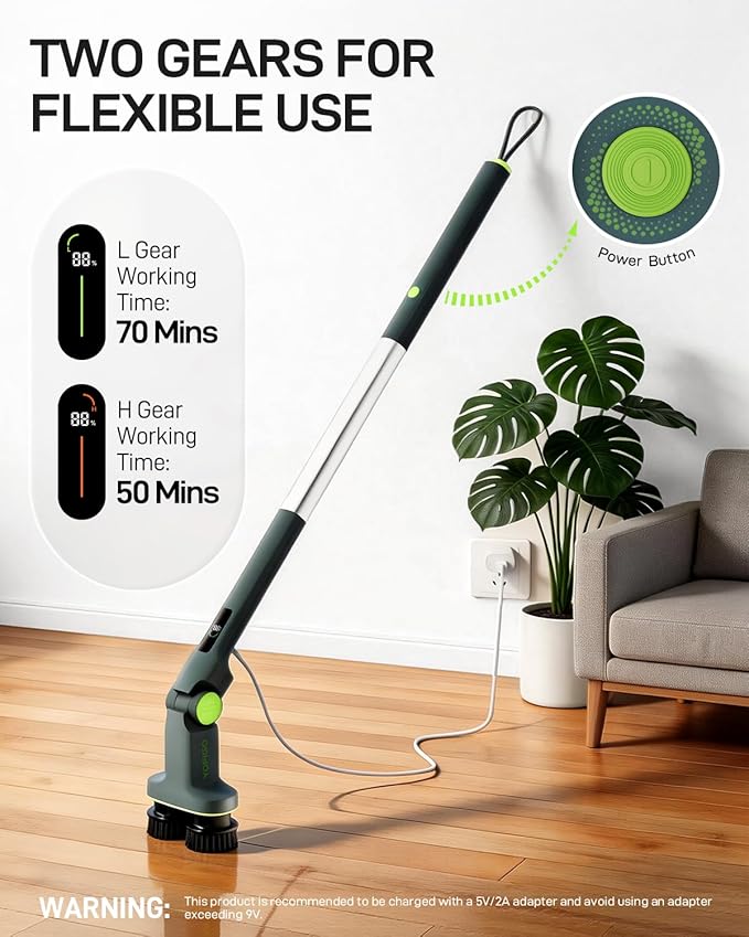 Electric Spin Scrubber Cordless Power Scrubber with Dual Rotating Brush Heads Adjustable Angle Handle 90°-180° 6 Replaceable Attachments IPX7 Waterproof for Bathroom Tile Floor Tub (C1 Plus)