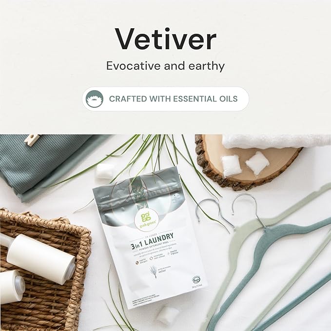Grab Green 3-in-1 Laundry Detergent Pods Vetiver Scent Plant and Mineral Based Superior Cleaning Power Stain Remover Brightens Clothes White 132 Count
