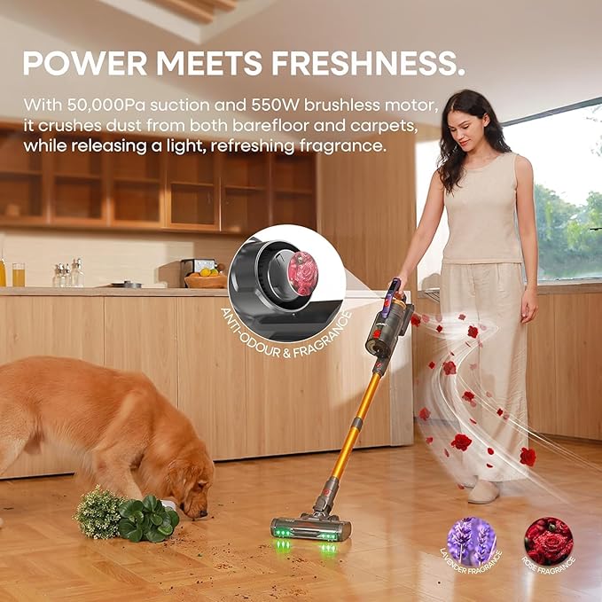 KIPMAX Cordless Vacuum Cleaner 50KPa 550W Stick Vacuum for Home 70Mins Anti-Tangled Vacuum Cleaner for Pet Hair/Carpet/Floor Self-Standing Vacuum with Rechargeable Battery LED Display&ampAromathe