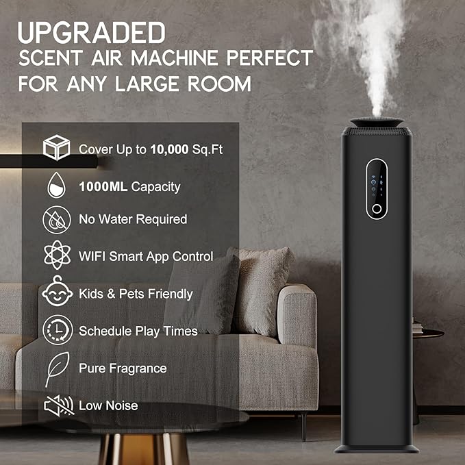 1000ML- Tower Hotel Scent Diffuser with WiFi App Control for Whole House - Commercial Diffuser Machine Cover 10000 Sq Ft - Scent Air Machine &amp Waterless Essential Oil Diffuser for Large Room - Bla