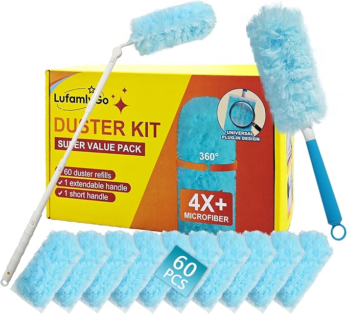 60PCS Fluffy 360° Heavy Duty Duster Refills fits Swiffer Duster 4X Dust Capture Power Unscented Disposable Electrostatic Dusters with 3ft Extended Handle for Furniture Electronics Blinds