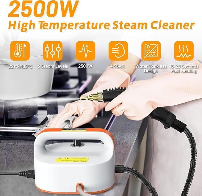 4.5BAR Handheld Steam Cleaner 2500W Portable Steam Cleaner for Home for Car Kitchen Furniture Floors Cleaning Tankless Design 6-Speed Pressurized Steam Machine with 3 Brush Heads Orange