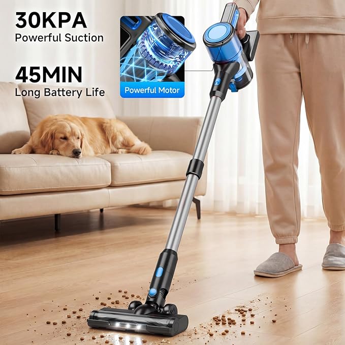 Cordless Vacuum Cleaner for Home - Lightweight Stick Vacuum Clean with Rechargeable Battery Max 45Mins Runtime 8 in 1 Handheld Vacuum for Hardfloor &amp Carpets Pet Hair Blue&ampBlack