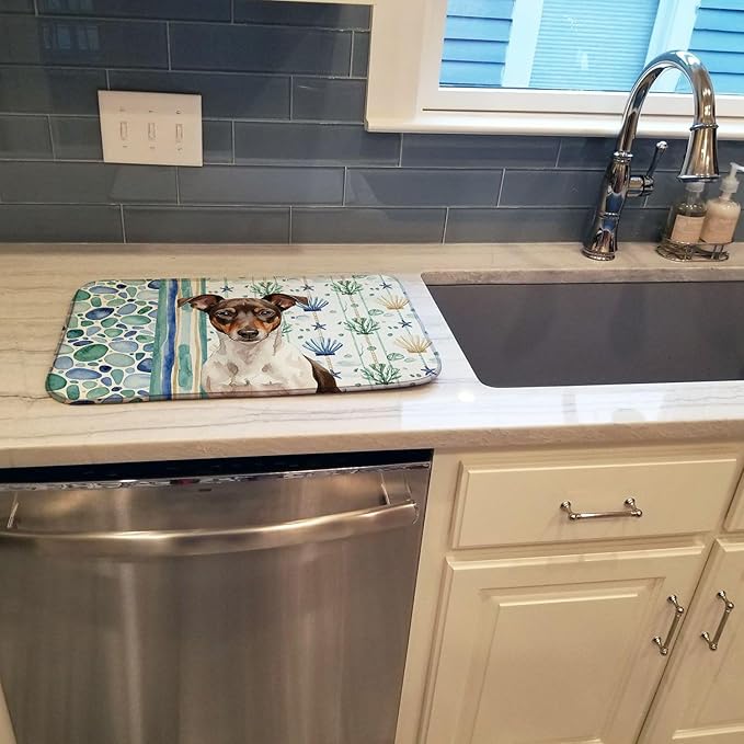 Caroline's Treasures Chocolate and White Rat Terrier Coastal Sea Glass Dish Drying Mat Absorbent Dish Drying Mat Pad for Kitchen Counter Dish Drainer Mat for Countertop 14 x 21 Multicolor