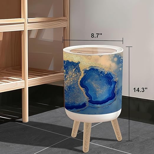 Small Trash Can with Lid Navy Blue Gold Abstract Marble 1.8 Gallon/7L Garbage Can Waste Bin with Press Top Lid Legs Waste Basket for Bathroom Kitchen Bedroom