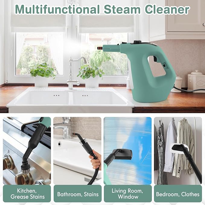 COSTWAY Handheld MultiPurpose Steam Cleaner with 17 Pieces 350ml Large Capacity Steam Mop Continuous Fill water Portable Chemical-Free Steamer for Home Use Floors Windows 1400W Green