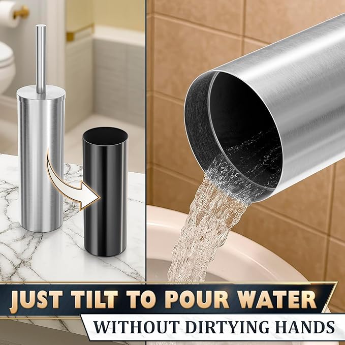 2 Pcs Stylish Stainless Steel Toilet Brush and Holder Set - Silver Toilet Bowl Brush and Holder with Splash Cover Sturdy Bristles Corrosion &amp Scratch Resistant - Elegant Design Effective Cleani