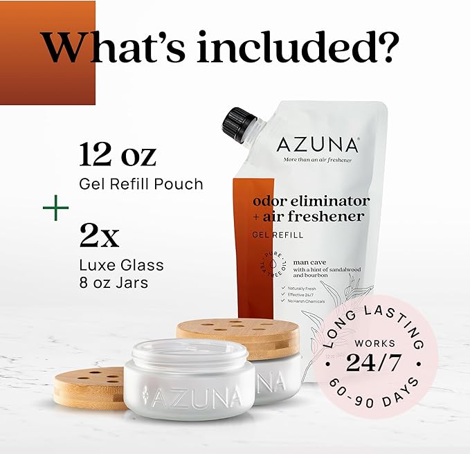 Azuna Air Freshener &amp Odor Eliminator for Strong Odor | 2 Room Kit Includes (2) Empty Luxe Glass Jar &amp 12oz Gel Refill with Tea Tree Essential Oil | Sandalwood Scent | Last 60-90 Days