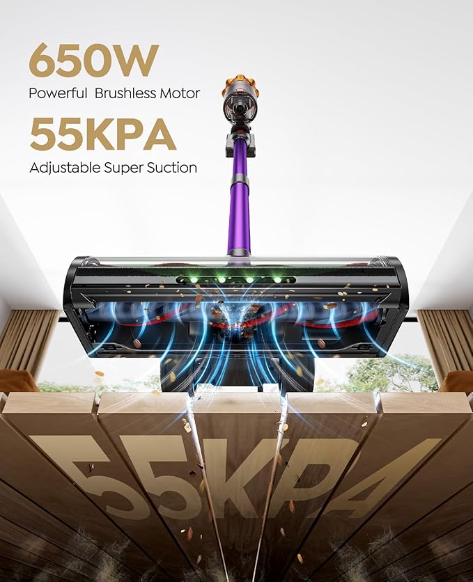 Cordless Vacuum Cleaner 650W/55KPA/70Mins Vacuum Cleaners for Home Self-Standing Stick Vacuum with Wall Mount Charging and Auto Mode Touch Screen Vacuum Cordless for Pet Hair/Carpet/Floor