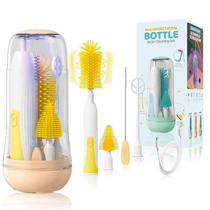 IvyWind Electric Travel Baby Bottle Brush Set with Storage Box Automatic Bottle Cleaner Brush Kit with Silicone Bottle/Nipple/Straw BrushMilk Frother Electric and Drainage Rack Rechargeable Yellow