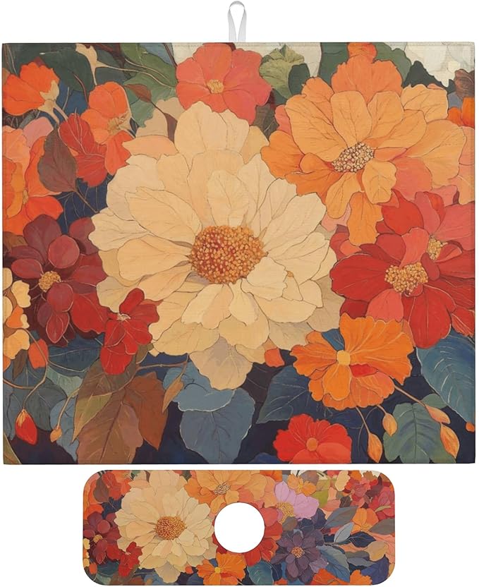 Colorful Floral Dish Drying Mat for Kitchen Counter 16x18 Microfiber Absorbent Fast Dry Mat 2Pcs Dish Mat Faucet Mats Sets Large Drying Kitchen Mat Kitchen Drying Pad Coffee Bar Decor Gifts