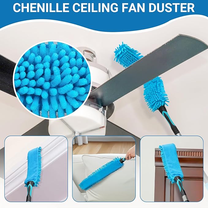 20FT High Ceiling Fan Duster with 5-12FT Extension Pole Extendable Reusable Cobweb and Bendable Feather Duster Kit for Cleaning Spiderweb and Dust