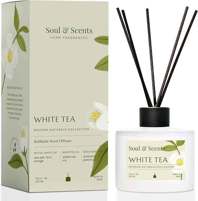 Soul &amp Scents Reed Diffuser Set – White Tea | 7.43 oz Refillable Scented Oil with 6 Fiber Sticks | Long-Lasting Home Fragrance &amp Air Freshener for Bedroom Bathroom Office | Gift &amp Décor