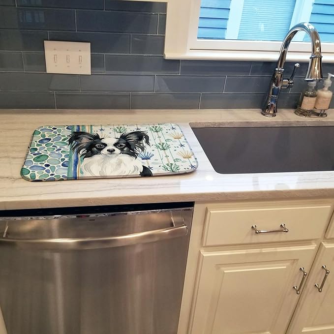 Caroline's Treasures Black and White Papillon Coastal Sea Glass Dish Drying Mat Absorbent Dish Drying Mat Pad for Kitchen Counter Dish Drainer Mat for Countertop 14 x 21 Multicolor