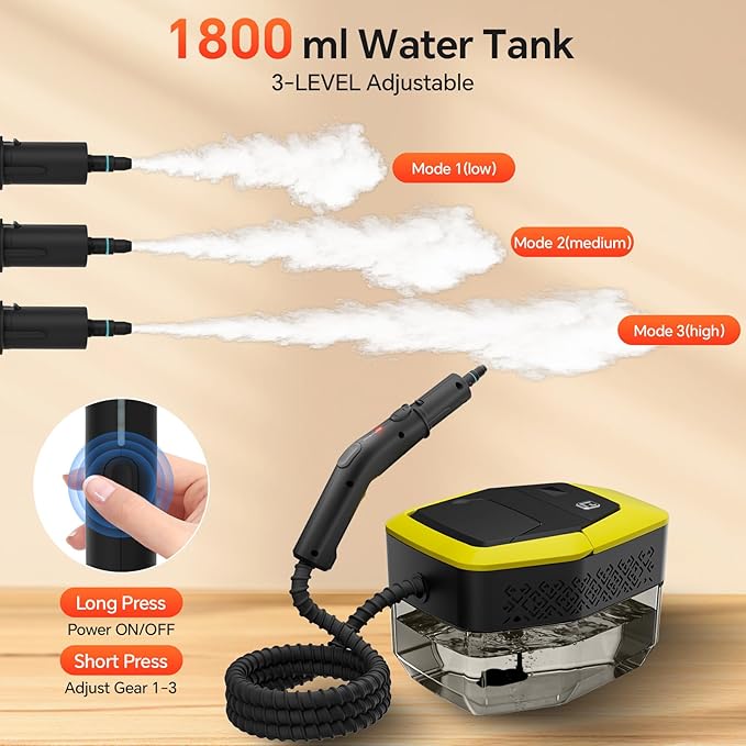 Heapsion Handheld Steam Cleaner 4 Bar Pressure 15s Fast Heat-Up 1.8L Large Capacity Tank 6 Steam Levels 12-Piece Accessories 1500W Portable Steam Cleaner for Grout Tiles Kitchen Car Detailing