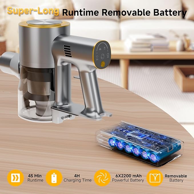 Cordless Stick Vacuum Cleaner - Rechargeable45Kpa Powerful Suction Vacuum for Home45Mins RuntimeDetachable BatteryAnti-Tangle 8 in 1 Lightweight Vacuum for Pet Hair Carpet HardwoodYellow