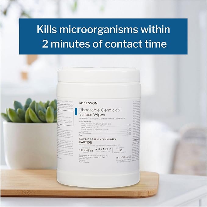 McKesson Germicidal Wipes [1920 Count] Disinfecting Wipes Alcohol Cleaning Disinfectant Wipes Hospital Grade Multi-Surface Wipes 160 Wipes 12 Pack