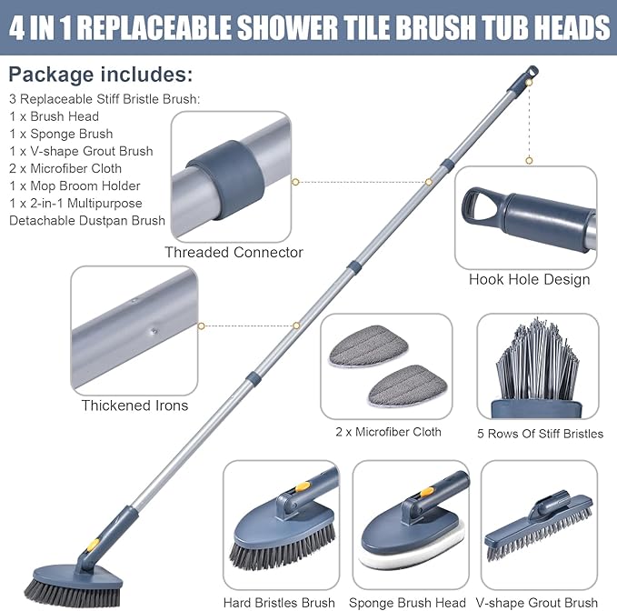 Shower Cleaning Brush4 in 1 Tile Tub Shower Scrubber with 54.7'' Long Handle Stiff Bristles Sponge Brush Grout Brush Microfibe Pads for Bathroom Kitchen Toilet Wall Glass Tub Tile Sink