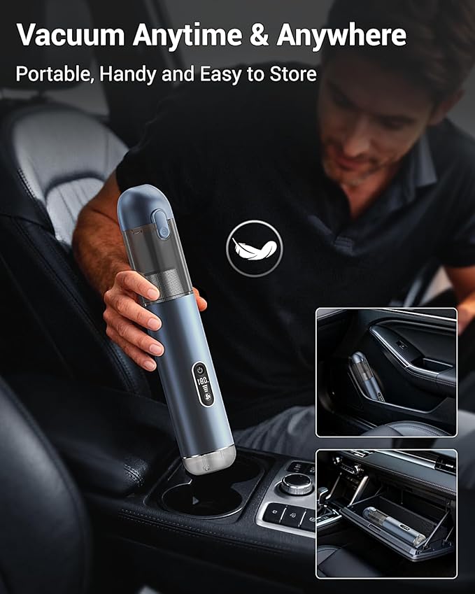 Handheld Vacuum Powerful 18000pa Car Vacuum with Brushless Motor Portable Hand Held Vacuum with 3 Speed Modes 5- in-1 Mini Cordless Vacuum Cleaner with White LED &amp Red Flash for home/Car/Office