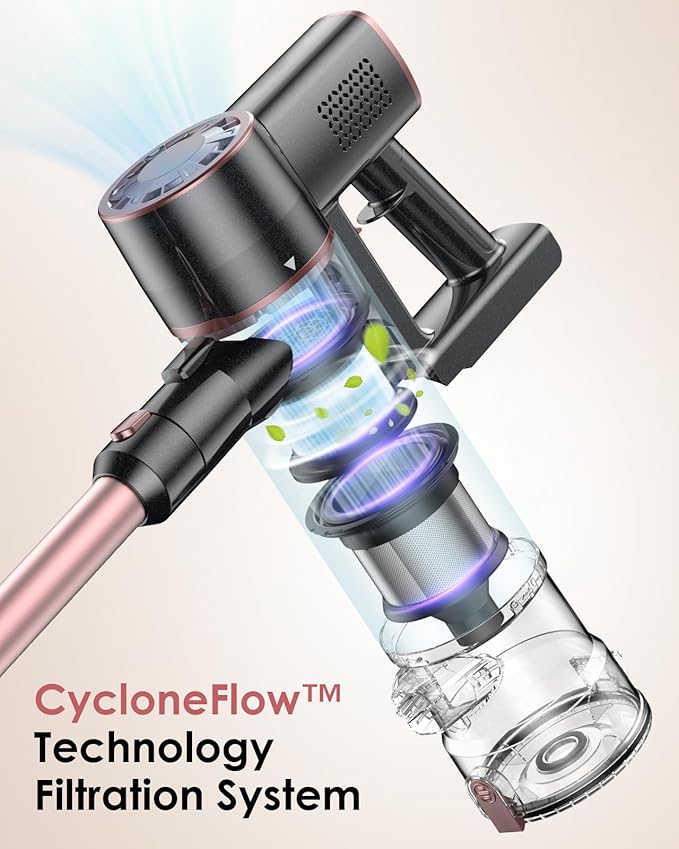 Vexilar Cordless Vacuum Cleaner Self-Standing Rechargeable Stick Vacuum Cleaners for Home 35mins Runtime LED Screen 6-in-1 Lightweight Handheld Vacuum for Hard Floor Carpet (Pink)