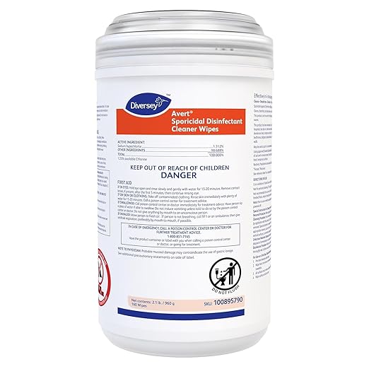 Diversey 100895790 Avert Sporicidal Disinfectant Cleaner Hospital Grade Kills C. Difficile Spores Standard Size Wipes 160-Wipes 1-Canister (Pack of 12)