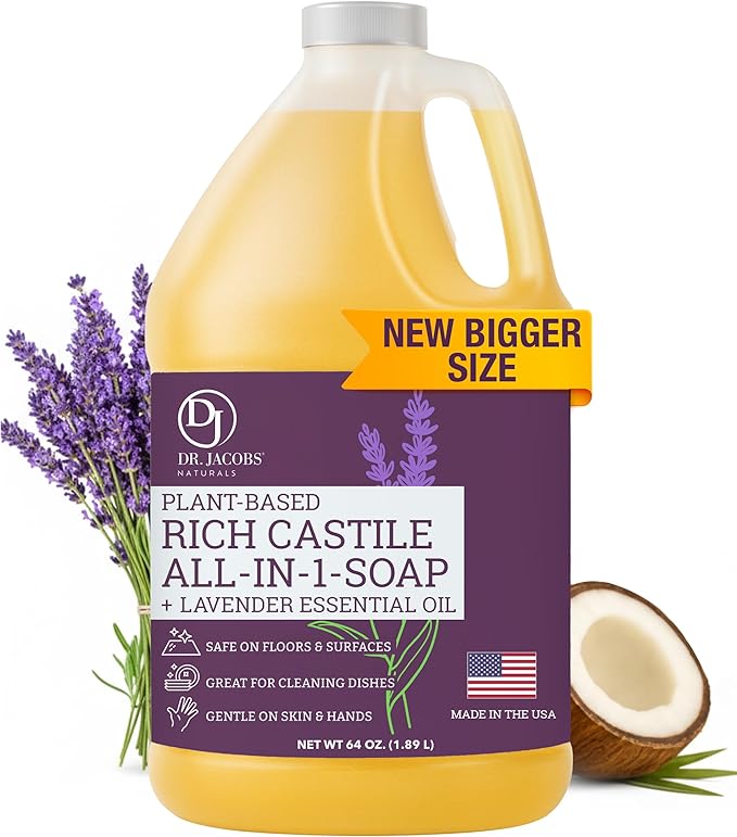 Dr. Jacobs Naturals Pure Castile Soap 64 oz Value Size - Lavender - Made in USA - All-in-One Plant-Based Multipurpose Cleaner for Floors Counters Dishes &amp Laundry Gentle on Skin Biodegradable