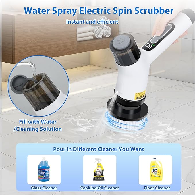 11 in 1 Electric Spin Scrubber Cordless Shower Scrubber with 2 Adjustable Speeds Spray Shower LED Display Shower Cleaner Brush with Long Handle for Bathroom Floor Tub Tile Toilet IPX7 Waterproof