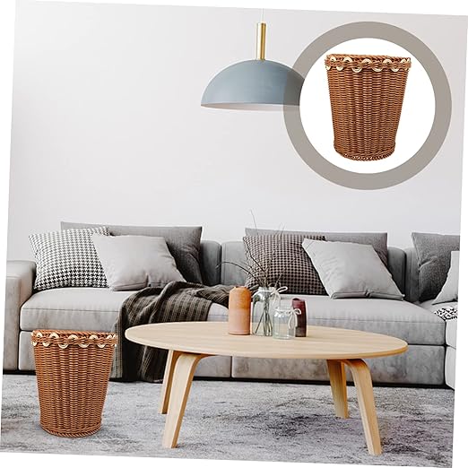 Healifty Woven Trash Can Basket Imitation Rattan Wastebasket for Bedroom and Living Room Stylish Sundries Storage Container Decorative Design for Home Organization