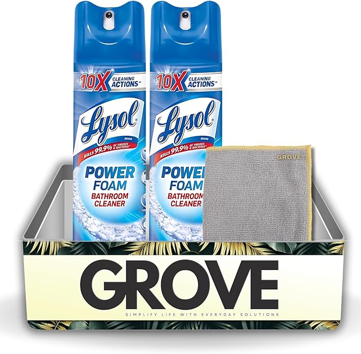 GROVE Power Foam Bathroom Cleaner Spray 24 oz Bundle with Microfiber Cloth - Powerful Foaming Bathroom Cleaner for Soap Scum and Limescale Removal - Leaves Surfaces Sparkling Clean - (3 Items)