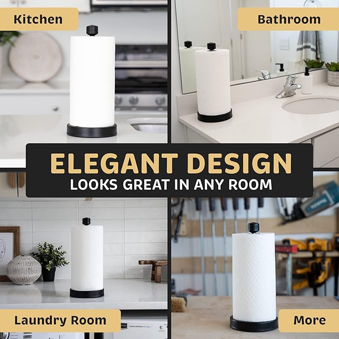 Heavy-Duty Stainless Steel Paper Towel Holder - Easy One-Handed Tear with Suction Cups - Modern Weighted Standing Countertop Dispenser for Kitchen - Holds All Paper Towel Rolls Black