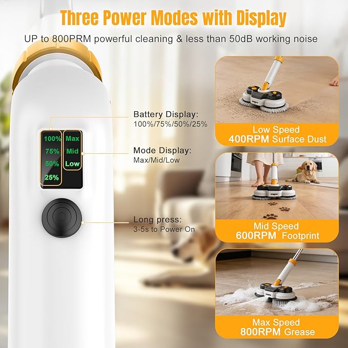Cordless Electric Mop for Dewalt 20V Battery (NO Battery) 2 in 1 Spin Mop &amp Electric Floor Scrubber with LED Light &amp Water Spray Electric Mops for Floor Cleaning HardwoodTile (White Yellow